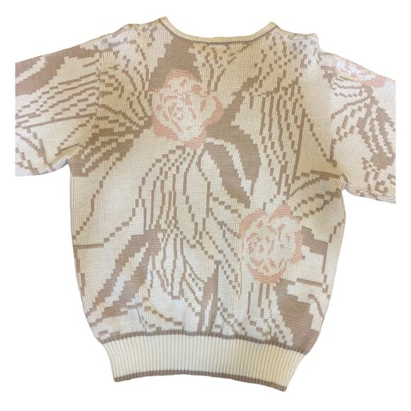 Vintage Knitmakers Floral Pattern Sweater With Ribbed Hem & Cuffs Beige Pink Ton - Picture 3 of 3